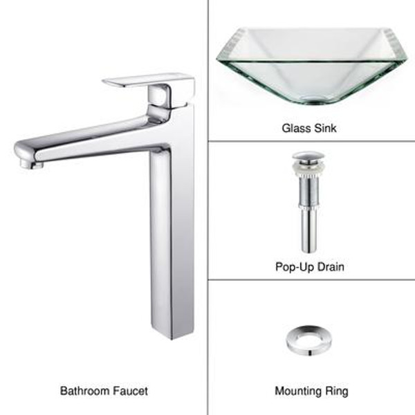 Clear Aquamarine Glass Vessel Sink and Virtus Faucet Chrome