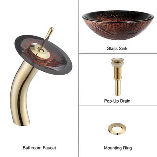 Lava Glass Vessel Sink and Waterfall Faucet Gold