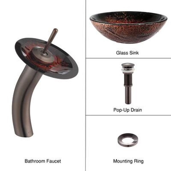 Lava Glass Vessel Sink and Waterfall Faucet Oil Rubbed Bronze