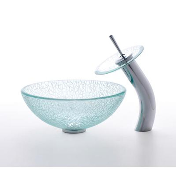 Mosaic Glass 14 Inch Vessel Sink and Waterfall Faucet Chrome