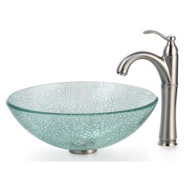 Mosaic Glass Vessel Sink and Riviera Faucet Satin Nickel
