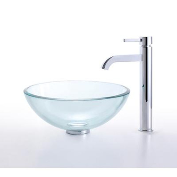Clear 14 inch Glass Vessel Sink and Ramus Faucet Chrome