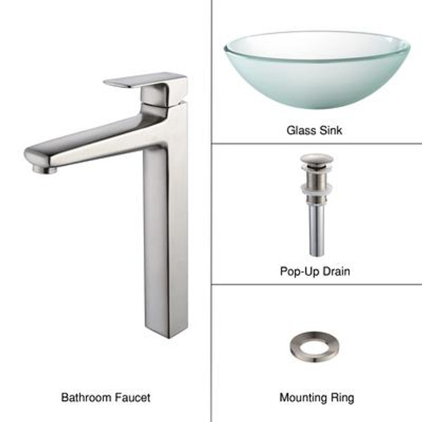 Frosted Glass Vessel Sink and Virtus Faucet Brushed Nickel