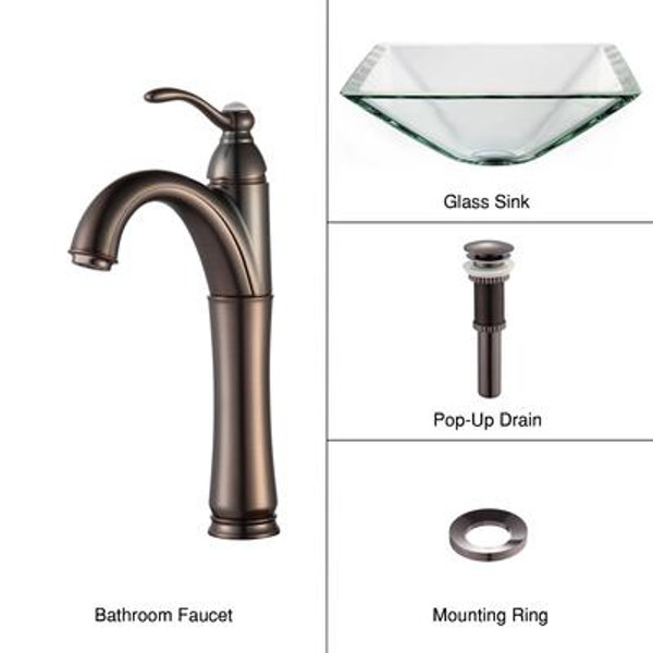 Clear Aquamarine Glass Vessel Sink and Riviera Faucet Oil Rubbed Bronze