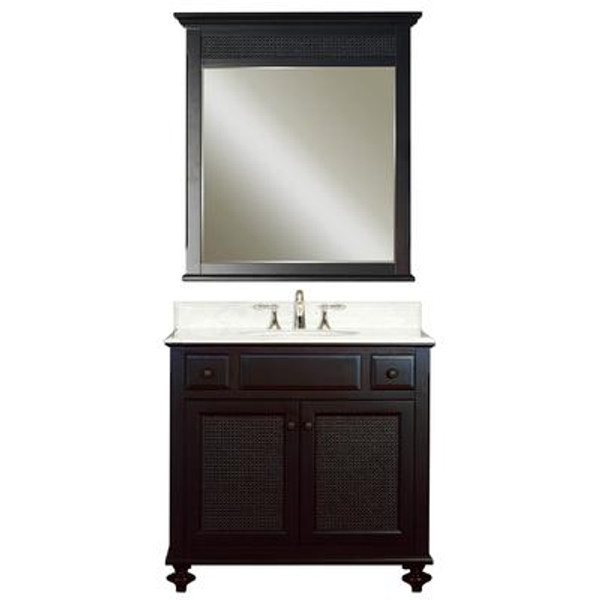 London 36 Inches Vanity in Dark Espresso with Marble Vanity Top in Carrara White and Matching Mirror (Faucet not included)
