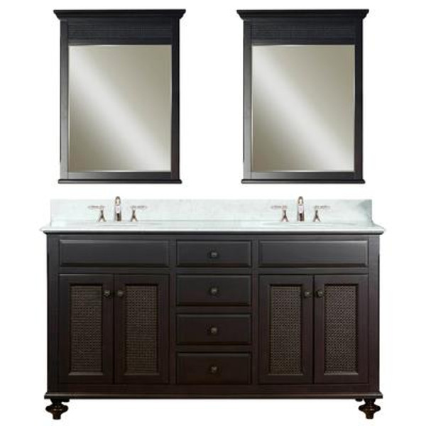 London 60 Inches Vanity in Dark Espresso with Marble Vanity Top in Carrara White and Two Matching Mirror (Faucet not included)