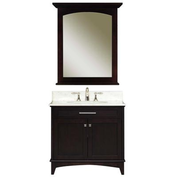 Manhattan 30 Inches Vanity in Dark Espresso with Marble Vanity Top in Carrara White and Matching Mirror (Faucet not included)
