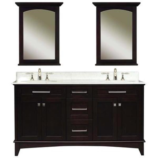 Manhattan 60 Inches Vanity in Dark Espresso with Marble Vanity Top in Carrara White and Two Matching Mirror (Faucet not included)