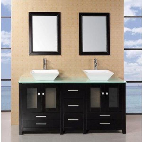 Arlington 61 Inches W x 22 Inches D x 34 Inches H Vanity in Espresso with Tempered Glass Vanity Top in Aqua Green and Mirror (Faucet not included)