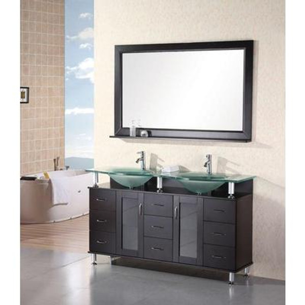Redondo 60 Inches Vanity in Espresso with Glass Vanity Top in Aqua and Mirror (Faucet not included)