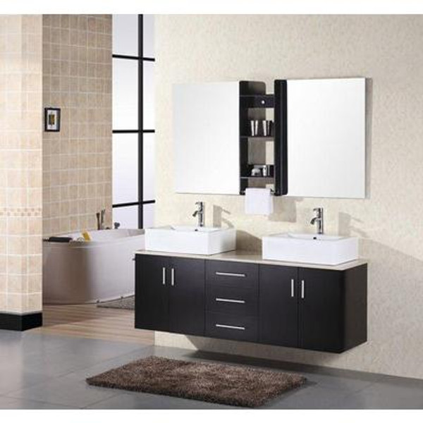 Ava 61 Inches Vanity in Espresso with Marble Vanity Top in Cream and Mirror (Faucet not included)