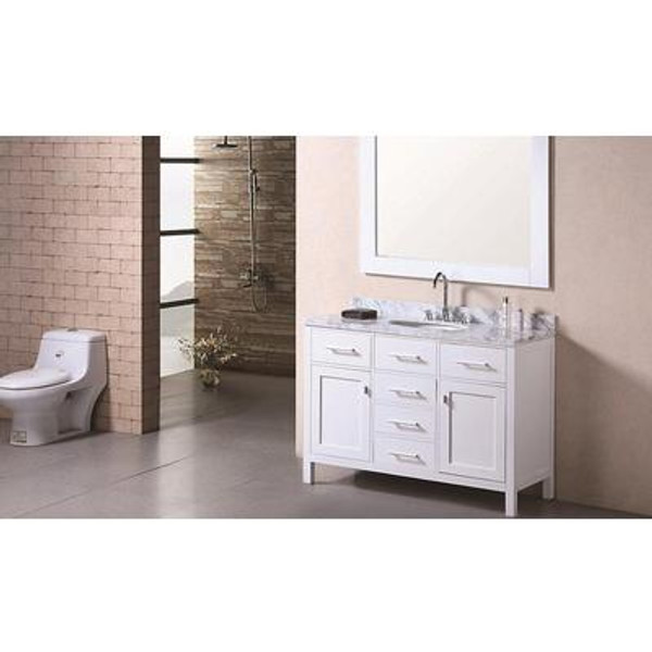 London 48 Inches Vanity in Pearl White with Marble Vanity Top in Carrara White and Mirror (Faucet not included)