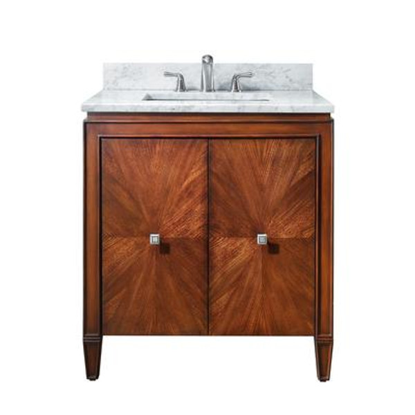 Brentwood 31 Inch Vanity with Carrera White Marble Top in New Walnut Finish (Faucet not included)