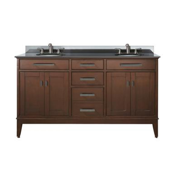 Madison 60 Inch Vanity with Black Granite Top And Double Sinks in Tobacco Finish (Faucet not included)