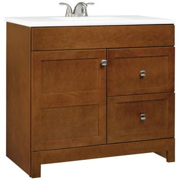 Chestnut Vanity With White Square Bowl Vanity Top - 36.5 Inch Wide