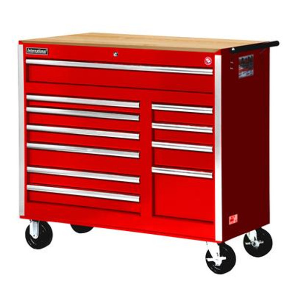 Red Tool Cabinet with Wooden Work surface - 42 Inch 11 Drawers