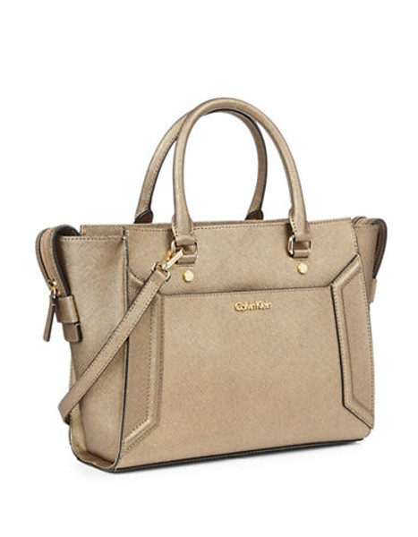 Calvin Klein Saffiano Leather Satchel - Beige