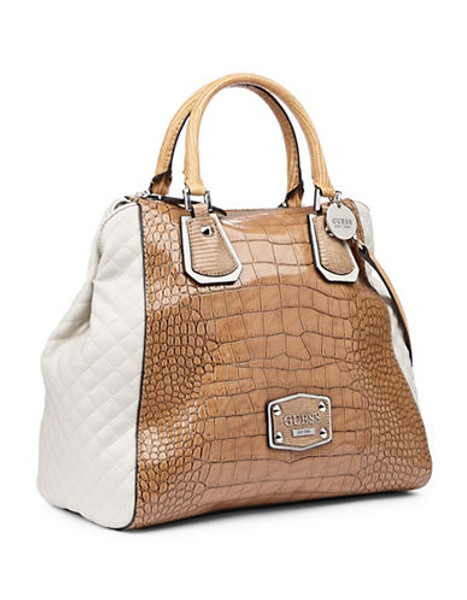 Guess Clarksville Colourblocked Zip Satchel - Cognac Multi