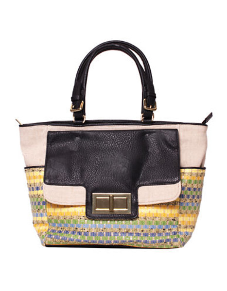 Olivia And Joy Payton Tote Bag in Woven Straw with Faux Leather and Linen - Multi