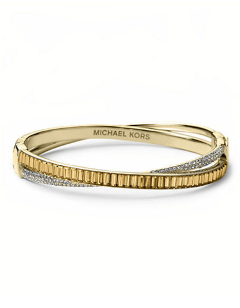 Michael Kors Gold Tone Clear Pave And Colorado Topaz Baguette Crossover Hinge Bangle - Gold
