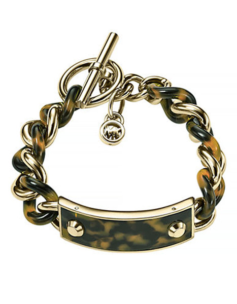 Michael Kors Gold Tone Tortoise Acetate Plaque And Curb Chain Toggle Bracelet - GOLD