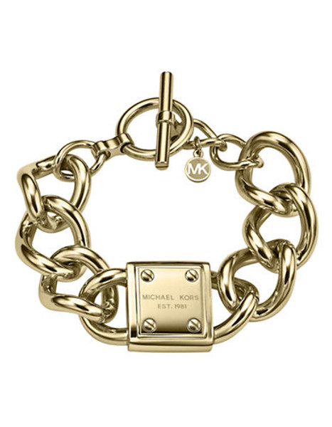 Michael Kors Gold Tone Mk Etched Logo Plaque Curb Chain Toggle Bracelet - Gold