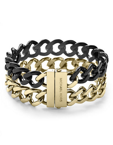 Michael Kors Two Tone Black And Gold Tone Curb Chain Bracelet - Gold