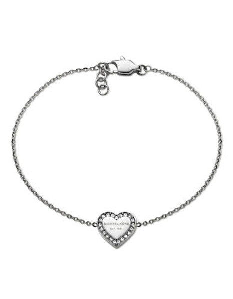 Michael Kors Silver Tone With Clear Pave Mk Logo Heart Delicate Bracelet - Silver