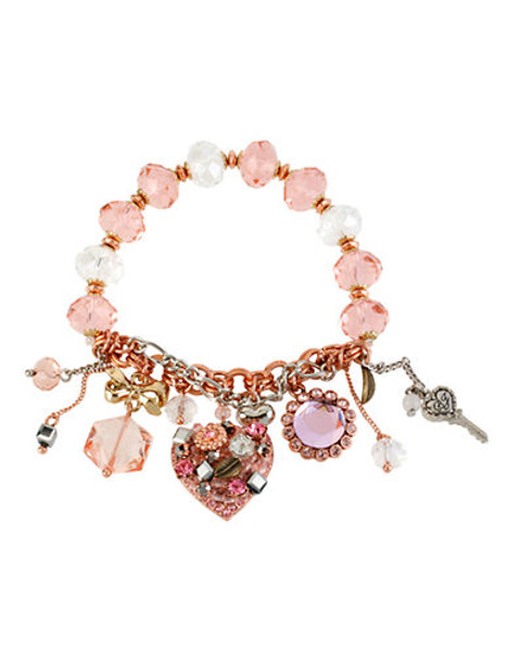 Betsey Johnson Vintage Heart Multi Charm Half Stretch Bracelet - PINK