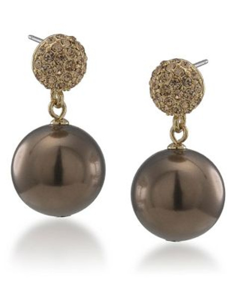 Carolee Gold Crystal And Cocoa Pearl Drop Pierced Earrings - DARK BROWN