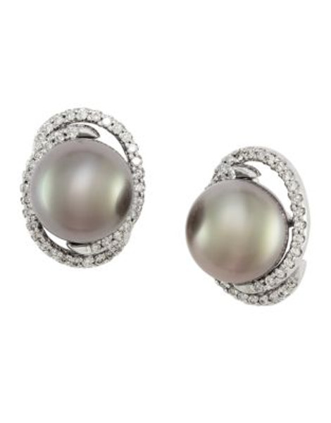 Effy 14K White Gold Diamond And 10mm Tahitian Black Pearl Earrings - BLACK PEARL