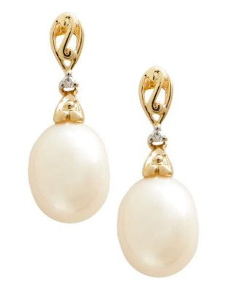 Fine Jewellery 10K Yellow Gold Diamond And 10mm Pearl Drop Earrings - PEARL