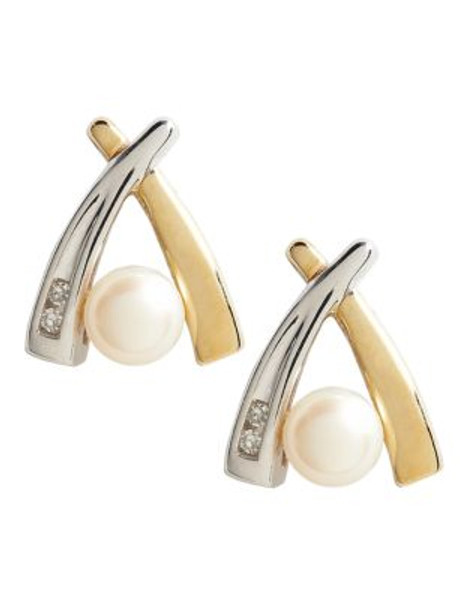 Fine Jewellery 14K Yellow Gold Sterling Silver Diamond And 5mm Pearl Earrings - PEARL