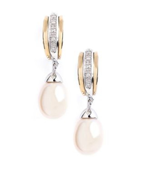 Fine Jewellery Sterling Silver 14K Yellow Gold Diamond And Half Drill Pearl Earrings - PEARL
