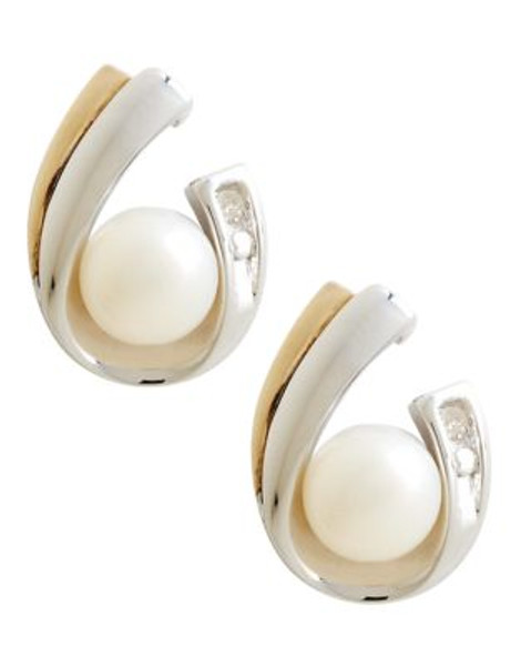 Fine Jewellery 14K Yellow Gold Sterling Silver Diamond And 5mm Pearl Earrings - YELLOW GOLD