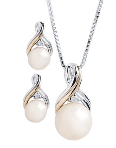 Fine Jewellery 14K Yellow Gold and Sterling Silver Diamond And Pearl Earring And Pendant Set - PEARL
