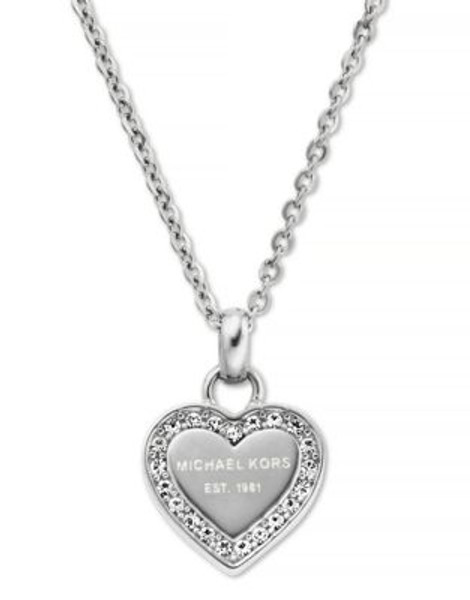 Michael Kors Silver Tone With Clear Pave Mk Logo Heart Pendant Necklace - SILVER