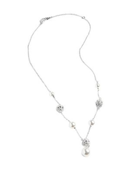 Nadri Pearl And Pave Crystal Station Y Necklace - WHITE