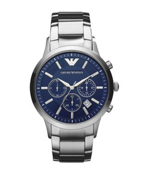 Emporio Armani Men's Large Round Blue Dial with Chronograph and Stainless Steel Bracelet Watch - SILVER