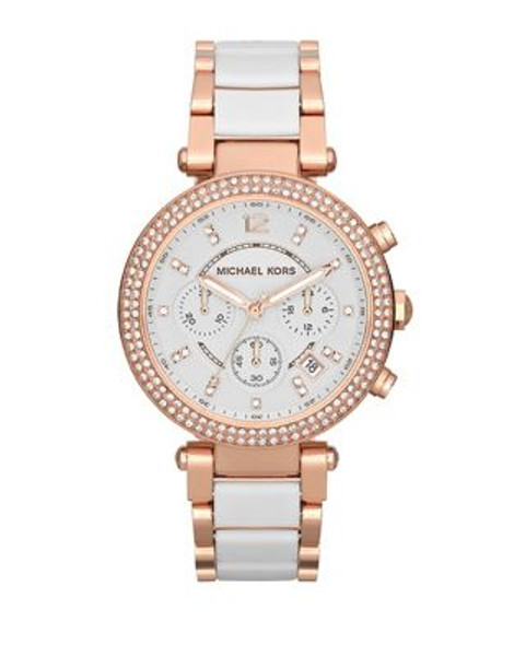 Michael Kors Mid Size White Acetate And Rose Gold Tone Stainless Steel Parker Chronograph Glitz Watch - WHITE