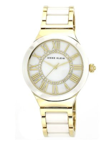 Anne Klein Round goldtone case and gold band with white ceramic center links and a white dial with crystals - WHITE