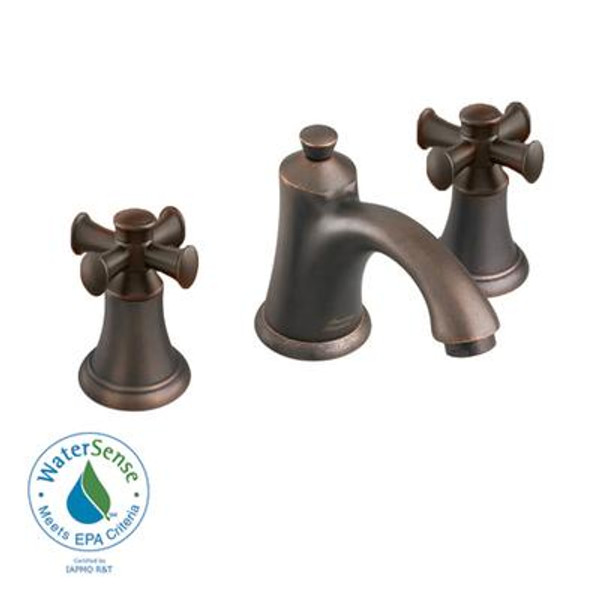 Portsmouth 8 Inch 2-Handle Mid-Arc Bathroom Faucet in Oil Rubbed Bronze with Speed Connect Drain and Cross Handles