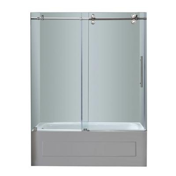 60 Inch x 60 Inch Frameless Tub/Shower Sliding Door in Stainless Steel