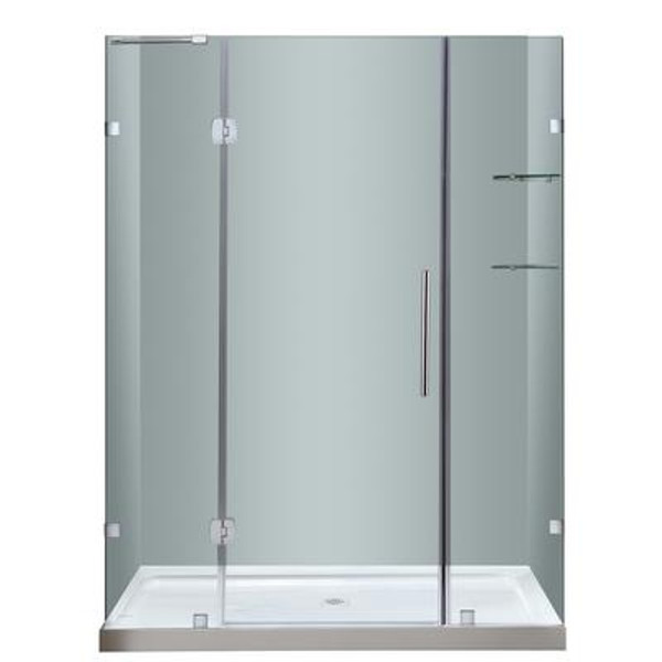 60 Inch x 77.5 Inch Frameless Hinge Shower Door with Glass Shelves with Center Base
