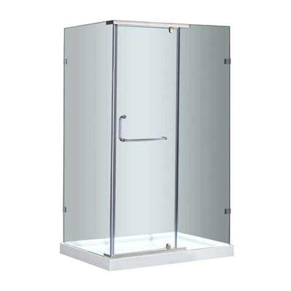 48 In. x 35 In. Semi-Frameless Shower Enclosure in Stainless Steel with Right Shower Base