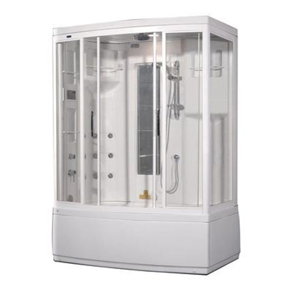 59 Inch x 36 Inch x 86 Inch Steam Shower Enclosure Kit with Whirlpool Bath with 9 Body Jets in White with Left Hand