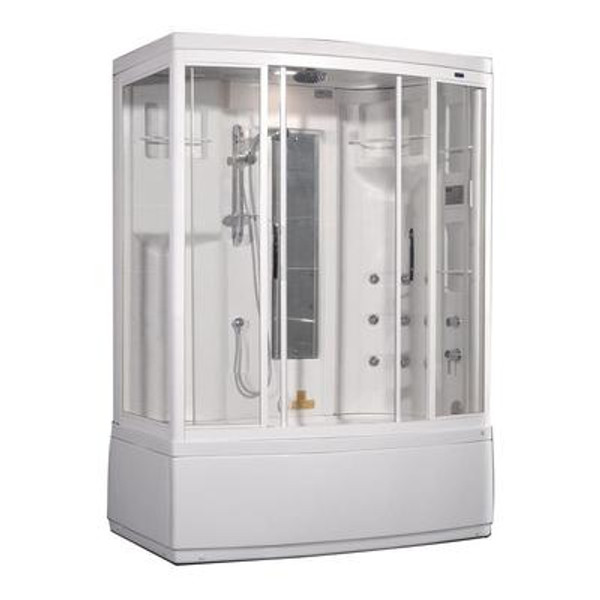 59 Inch x 36 Inch x 86 Inch Steam Shower Enclosure Kit with Whirlpool Bath with 9 Body Jets in White with Right Hand