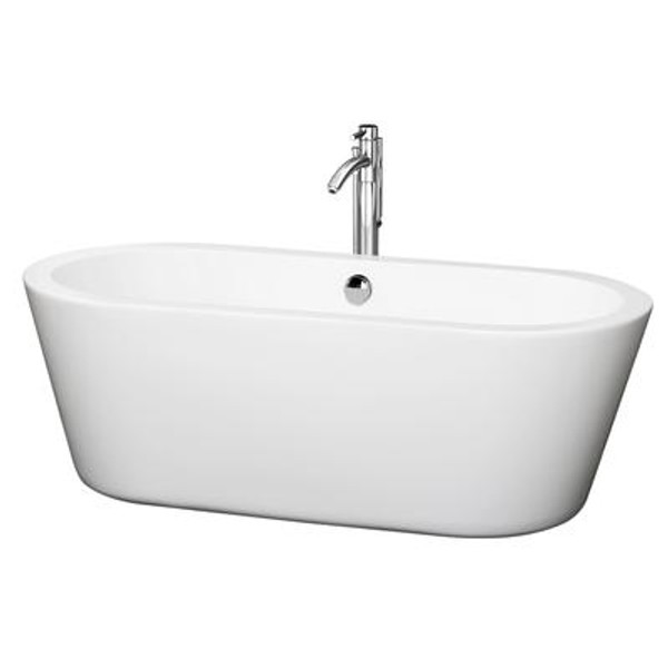 Mermaid 5.58 Ft. Center Drain Soaking Tub in White with Floor Mounted Faucet in Chrome