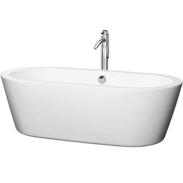 Mermaid 5.92 Ft. Center Drain Soaking Tub in White with Floor Mounted Faucet in Chrome