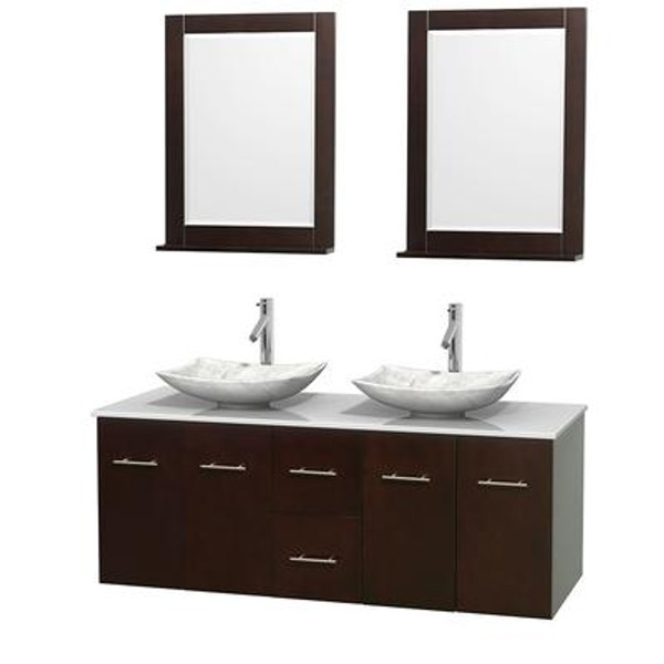 Centra 60 In. Double Vanity in Espresso with Solid SurfaceTop with White Carrera Sinks and 24 In. Mirrors